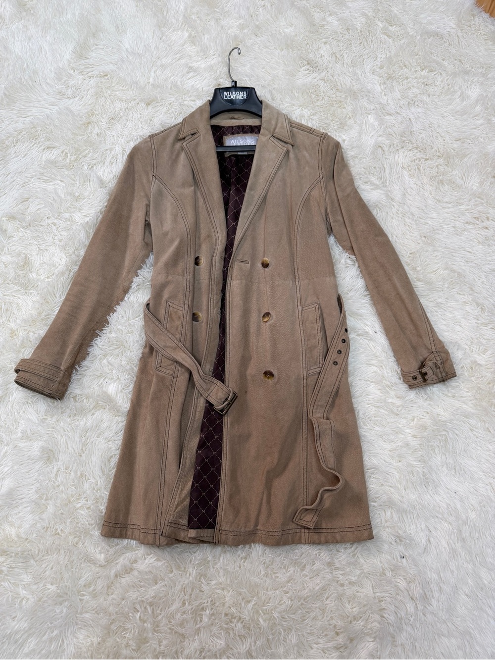 Wilsons Leather Taupe Brown Suede Trench Coat